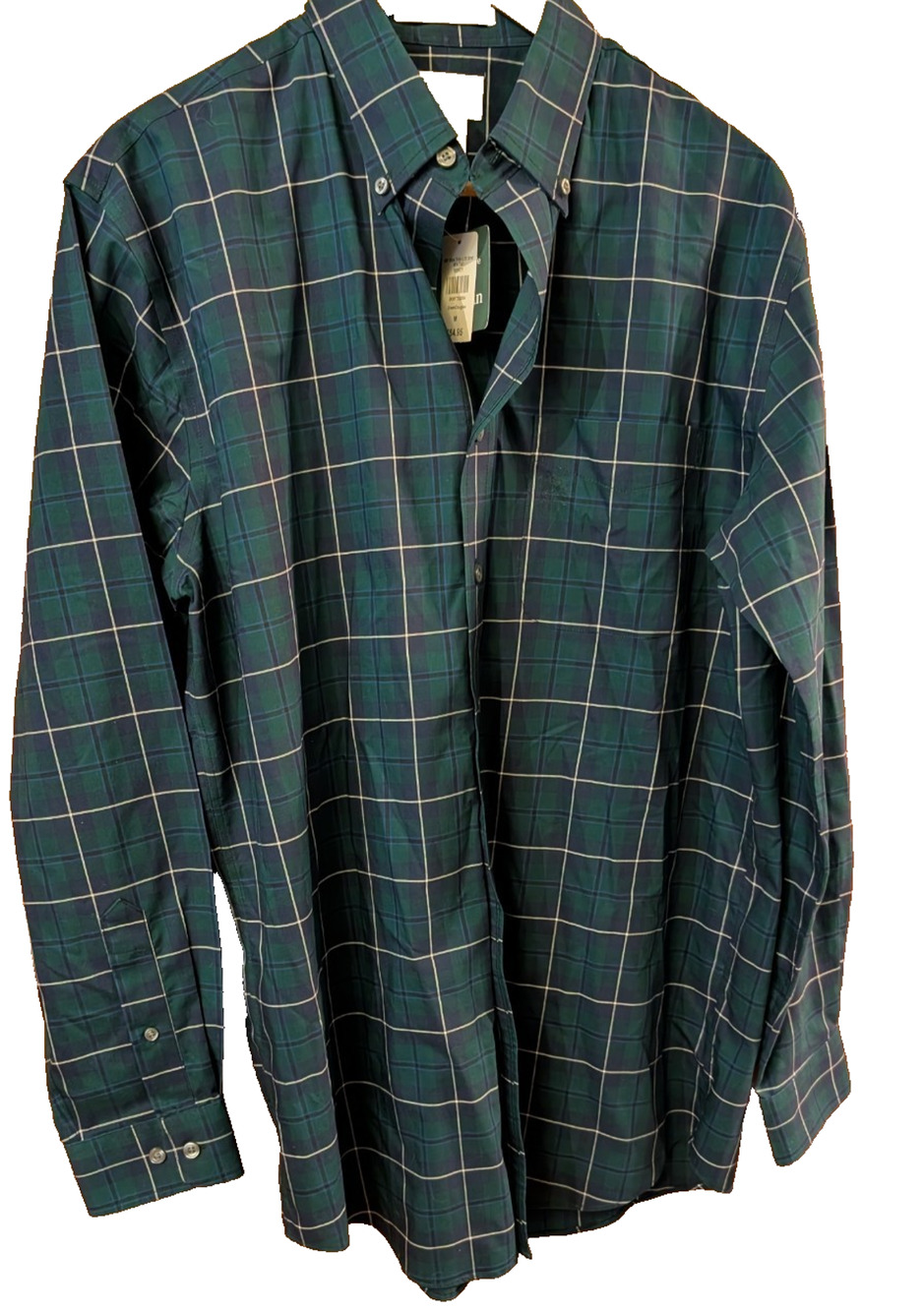 LL Bean Button Down Shirt Mens M Tall Green Navy Plaid Wrinkle Free Cotton NEW
